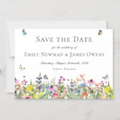 ワイルドフラワーと蝶の日付を保存 マグネット招待状 (正面)