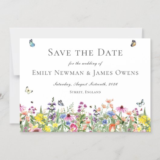 ワイルドフラワーと蝶の日付を保存 マグネット招待状 (正面)