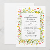 ワイルドフラワーと蝶の水結婚色の 招待状 (正面/裏面)