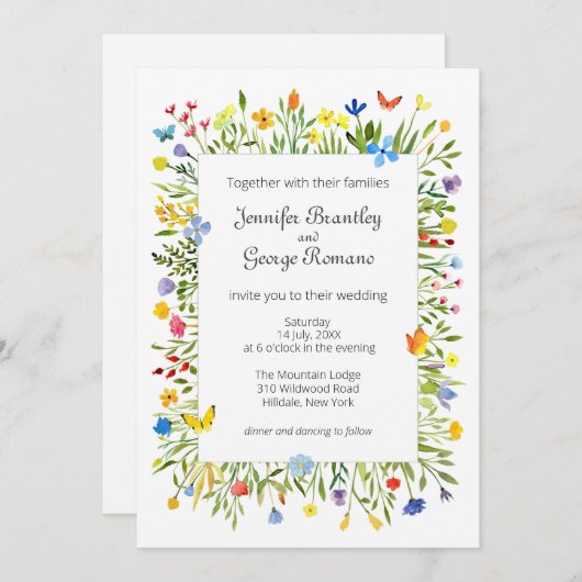 ワイルドフラワーと蝶の水結婚色の 招待状 (正面/裏面)