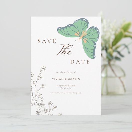 ワイルドフラワーと蝶の結婚式の日付保存 招待状 (スタンド正面)