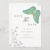 ワイルドフラワーと蝶の結婚式の日付保存 招待状 (正面/裏面)