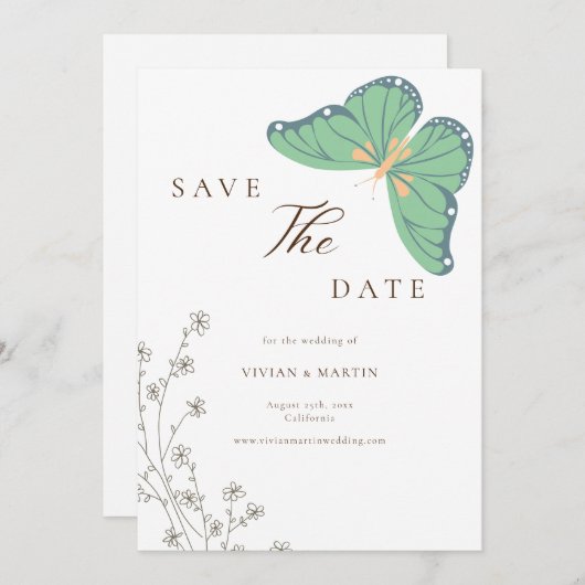 ワイルドフラワーと蝶の結婚式の日付保存 招待状 (正面/裏面)