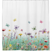 ワイルドフラワーと蝶の緑のメドウリフレッシュ シャワーカーテン (正面)
