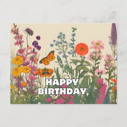 ワイルドフラワーと蝶の誕生日 ポストカード (正面)