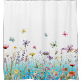 ワイルドフラワーと蝶の青のグラデーション シャワーカーテン (正面)