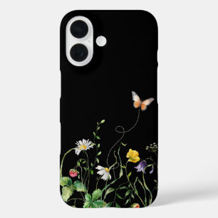 ワイルドフラワーと蝶の黒 iPhone 16ケース