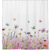 ワイルドフラワーと蝶ピンクのグラデーション シャワーカーテン (正面)