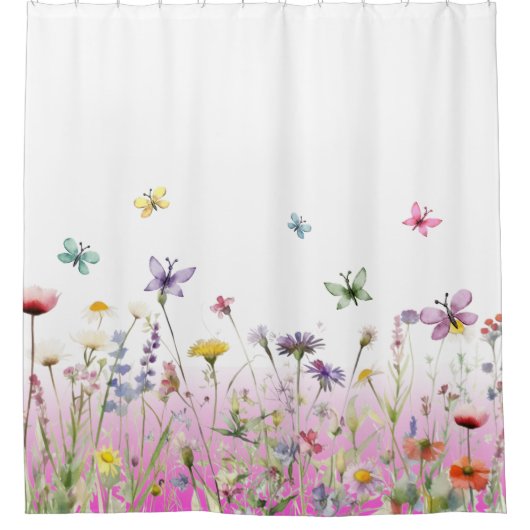 ワイルドフラワーと蝶ピンクのグラデーション シャワーカーテン (正面)