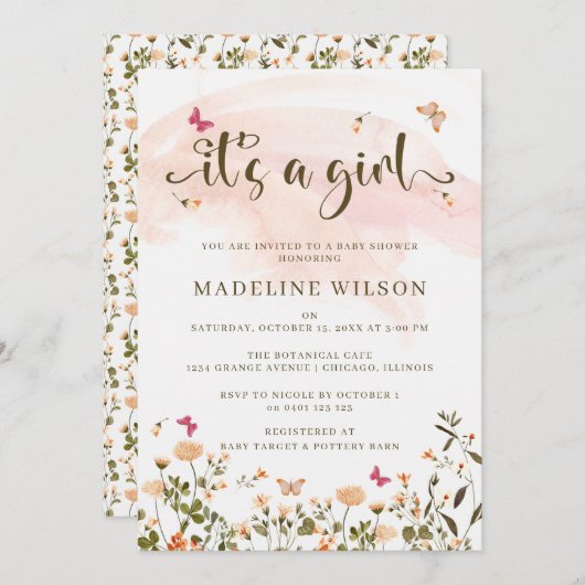 ワイルドフラワーと蝶 | 赤エレガントちゃんシャワー 招待状 (正面/裏面)