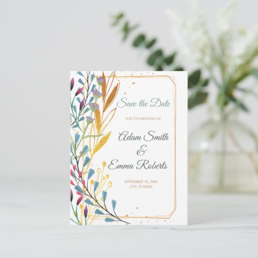 ワイルドフラワーと金ゴールドの輝き日付の結婚保存 ポストカード (スタンド正面)