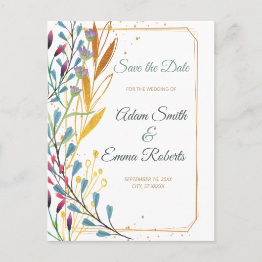 ワイルドフラワーと金ゴールドの輝き日付の結婚保存 ポストカード (正面)
