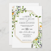 ワイルドフラワーと金ゴールド幾何学的結婚式招待状 招待状 (正面/裏面)