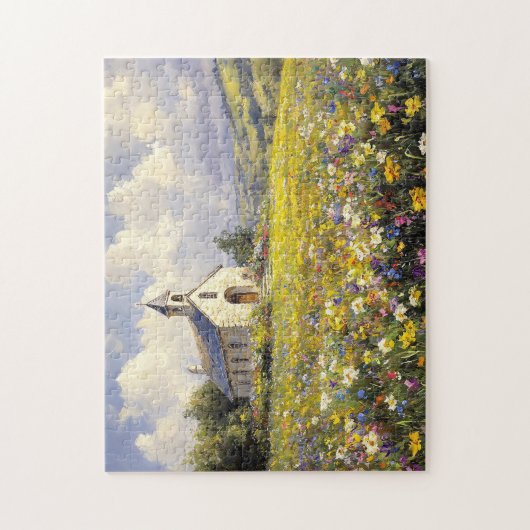 ワイルドフラワーに囲まれた絵を描教会 ジグソーパズル (縦)