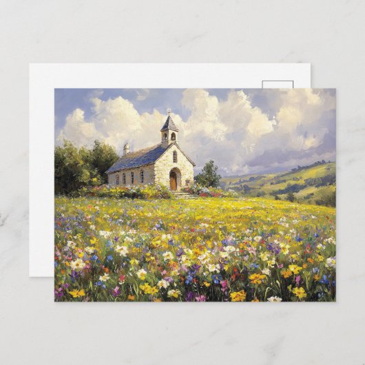 ワイルドフラワーに囲まれた絵を描教会 ポストカード (正面/裏面)