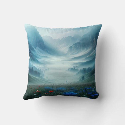 ワイルドフラワーのある霧がかった山の谷 クッション (裏面)