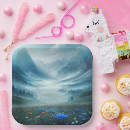 ワイルドフラワーのある霧がかった山の谷 ペーパープレート (パーティー)