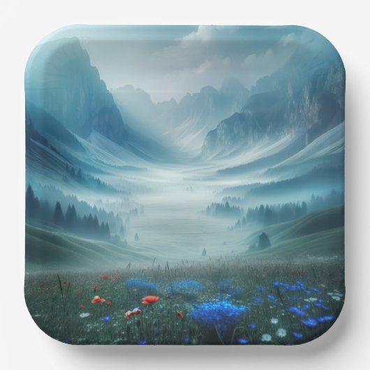 ワイルドフラワーのある霧がかった山の谷 ペーパープレート (正面)