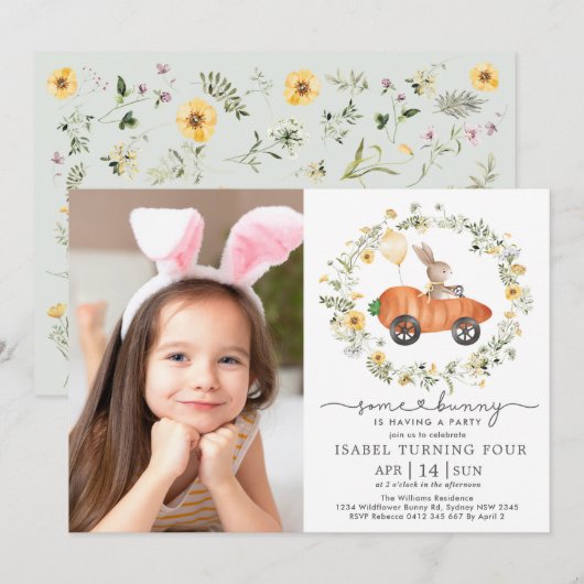 ワイルドフラワーのうさぎのイースターバースデー写真 招待状 (正面/裏面)