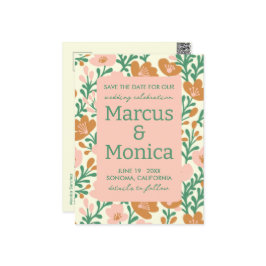 ワイルドフラワーのつる植物ピンクカスタムグリーンの日付を保存 ポストカード