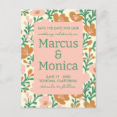 ワイルドフラワーのつる植物ピンクカスタムグリーンの日付を保存 ポストカード (正面)