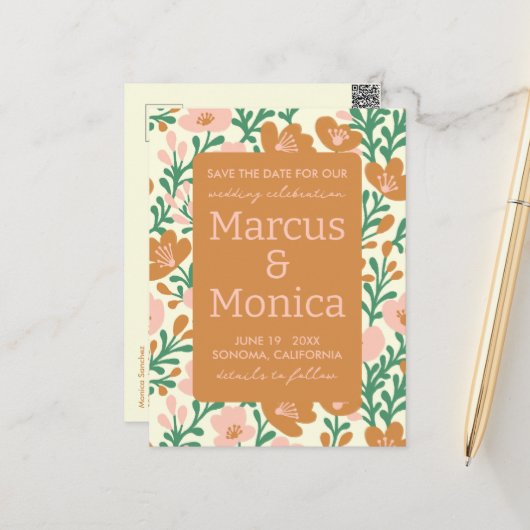 ワイルドフラワーのつる植物ピンクカスタムグリーンの日付を保存 ポストカード (正面/裏面インサイチュ)