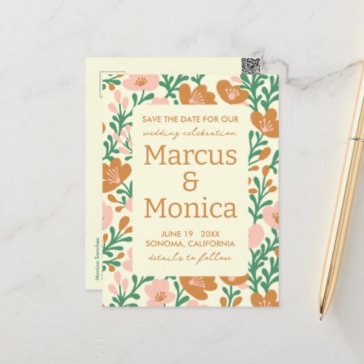 ワイルドフラワーのつる植物ピンクカスタムグリーンの日付を保存 ポストカード (正面/裏面インサイチュ)