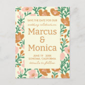 ワイルドフラワーのつる植物ピンクカスタムグリーンの日付を保存 ポストカード (正面)