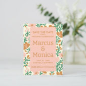 ワイルドフラワーのつる植物ピンクカスタムグリーンの日付を保存 ポストカード (スタンド正面)