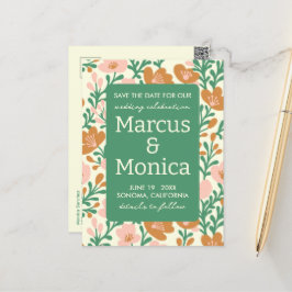 ワイルドフラワーのつる植物ピンクカスタムグリーンの日付を保存 ポストカード