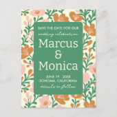 ワイルドフラワーのつる植物ピンクカスタムグリーンの日付を保存 ポストカード (正面)