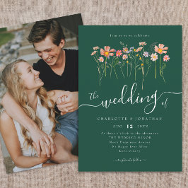ワイルドフラワーのエレガント草地スクリプト写真ダークグリーン 招待状