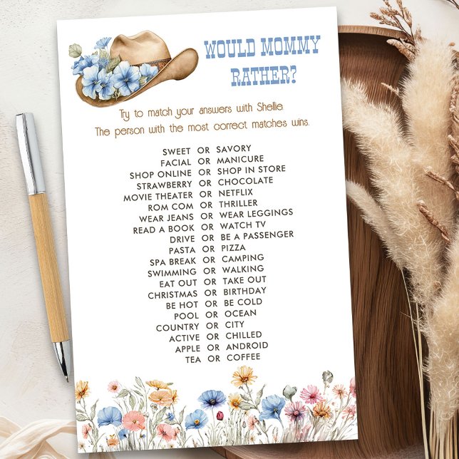 ワイルドフラワーのカウボーイは、むしろシャワーのゲームをママに行った (Would mommy rather game from the Boho Elephant Baby Shower Collection by Darling & May)