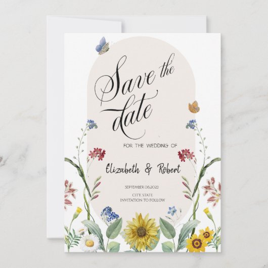 ワイルドフラワーのヒマワリ蝶の日付を保存 セーブザデート (正面)