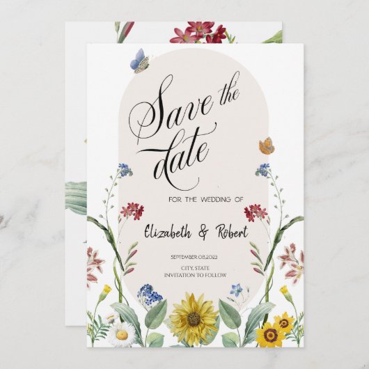 ワイルドフラワーのヒマワリ蝶の日付を保存 セーブザデート (正面/裏面)