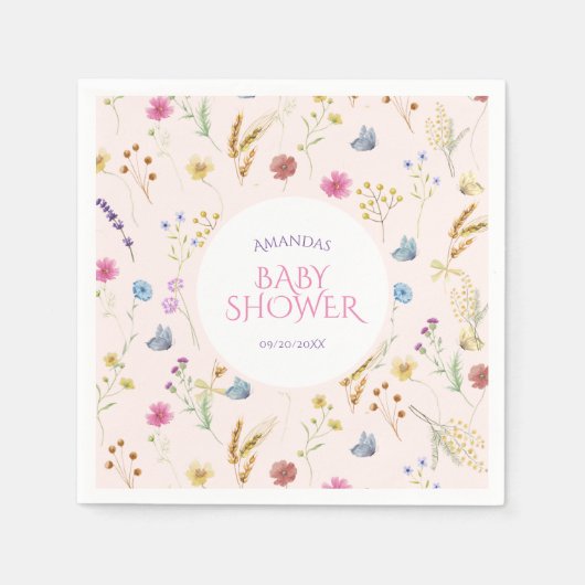 ワイルドフラワーのベビーガールのシャワーピンク スタンダードカクテルナプキン (正面)