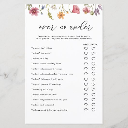 ワイルドフラワーの上または下のブライダルシャワーゲームカード (正面)