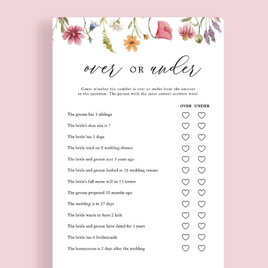 ワイルドフラワーの上または下のブライダルシャワーゲームカード