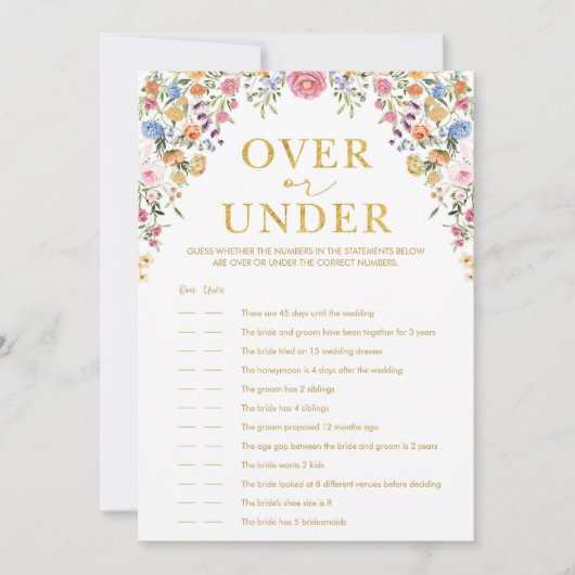 ワイルドフラワーの上または下のブライダルシャワーゲームカード 招待状 (正面)