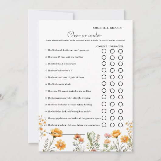 ワイルドフラワーの上または下のブライダルシャワーゲームカード 案内状 (正面)