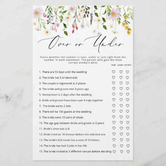 ワイルドフラワーの上または下のブライダルシャワーゲーム (正面)