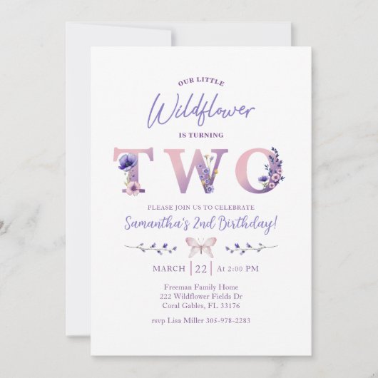 ワイルドフラワーの二番目の誕生日パーティーへの招待 招待状 (正面)