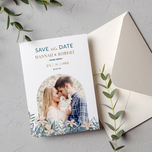 ワイルドフラワーの写真付き結婚式日程お知らせカード セーブザデート