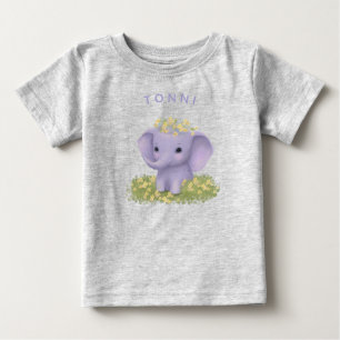 ワイルドフラワーの可愛い陽気な象 ベビーTシャツ