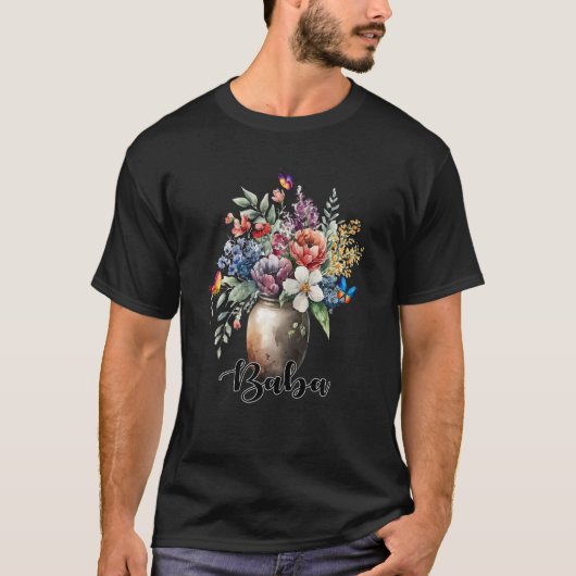 ワイルドフラワーの女性の花瓶蝶ババ Tシャツ (正面)