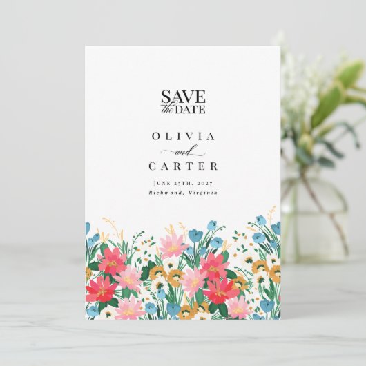 ワイルドフラワーの庭園の結婚式写真の保存日付 招待状 (スタンド正面)