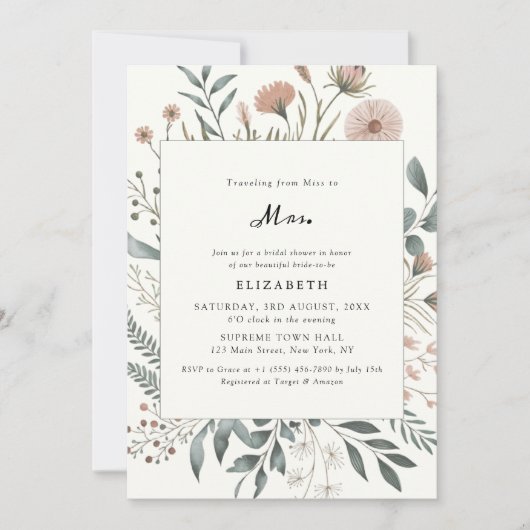 ワイルドフラワーの恋しく思水色ミセス・ブライダルシャワー 招待状 (正面)