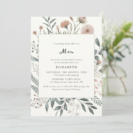 ワイルドフラワーの恋しく思水色ミセス・ブライダルシャワー 招待状 (スタンド正面)