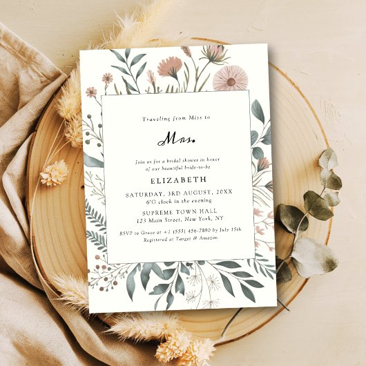 ワイルドフラワーの恋しく思水色ミセス・ブライダルシャワー 招待状