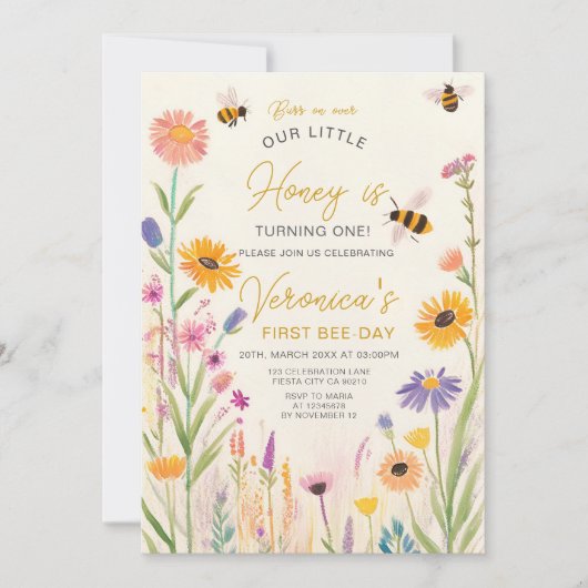 ワイルドフラワーの最初の蜂の日の誕生日パーティー 招待状 (正面)